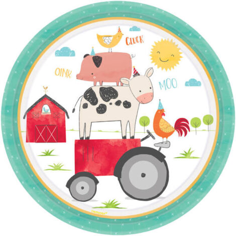Assiettes en papier animaux tracteur de ferme 23 cm, 8 pièces.