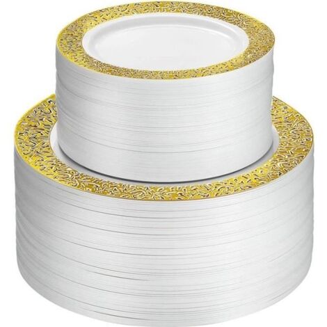 Assiettes jetables en plastique - Dentelle - Or - Paquet de 25 - Compatible lave-vaisselle