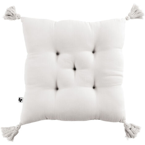Assise matelassée 5 points avec pompons gaze de coton 40 x 40 cm chantilly Blanc