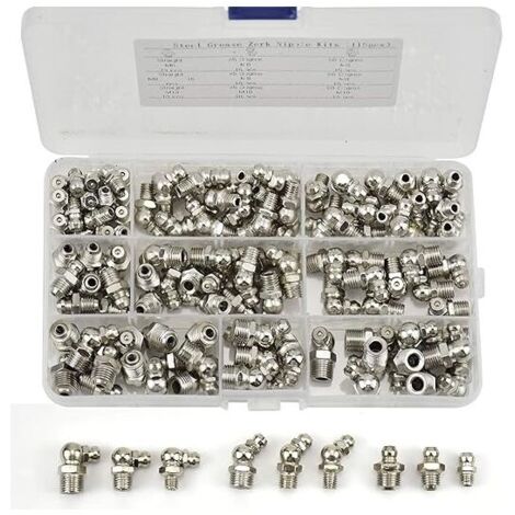 Assortiment de 115 graisseurs M6 M8 M10 – Raccords filetés en fer nickelé droit et coudé 45°/90° – Pour équipement mécanique