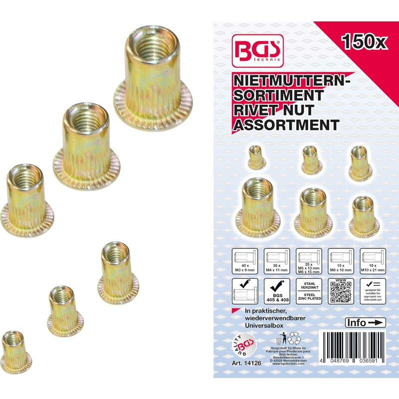 Bgs Technic - assortiment d'écrous rivets acier galvanisé 150 pièces bgs 14126
