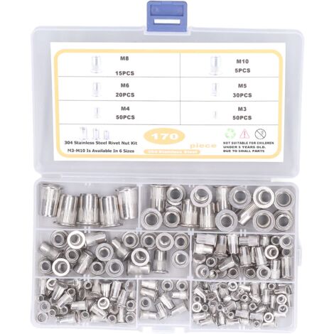 Assortiment de 170 écrous à riveter Zoternen Fafeicy, M3, M4, M5, M6, M7, M8, écrous à riveter à tête plate en acier inoxydable