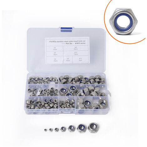 Assortiment de 175 écrous de verrouillage métriques en acier inoxydable 304, parfait pour rondelles de verrouillage, insert en nylon M3 M4 M5 M6 M8 M10 M12,