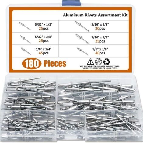 Assortiment de 180 rivets aveugles à tête bombée en aluminium Corps en aluminium 6 tailles