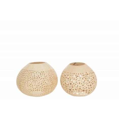 Assortiment de 2 photophores beige en bois de noix de coco avec trous - Naturel