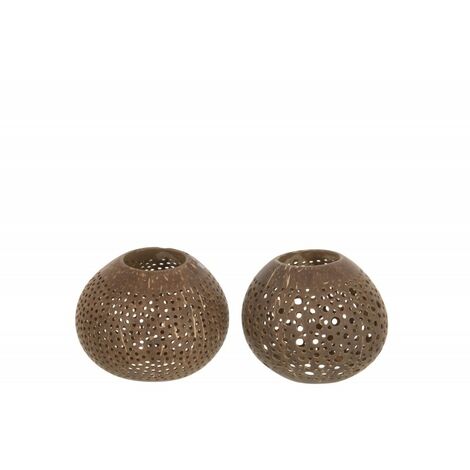 Assortiment de 2 photophores marron en bois de noix de coco avec trous - Marron