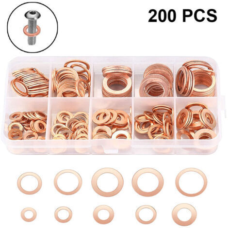 Assortiment de 200 rondelles plates en cuivre M5-M14, joints toriques en cuivre, kit de joints d'étanchéité métriques, 9 tailles