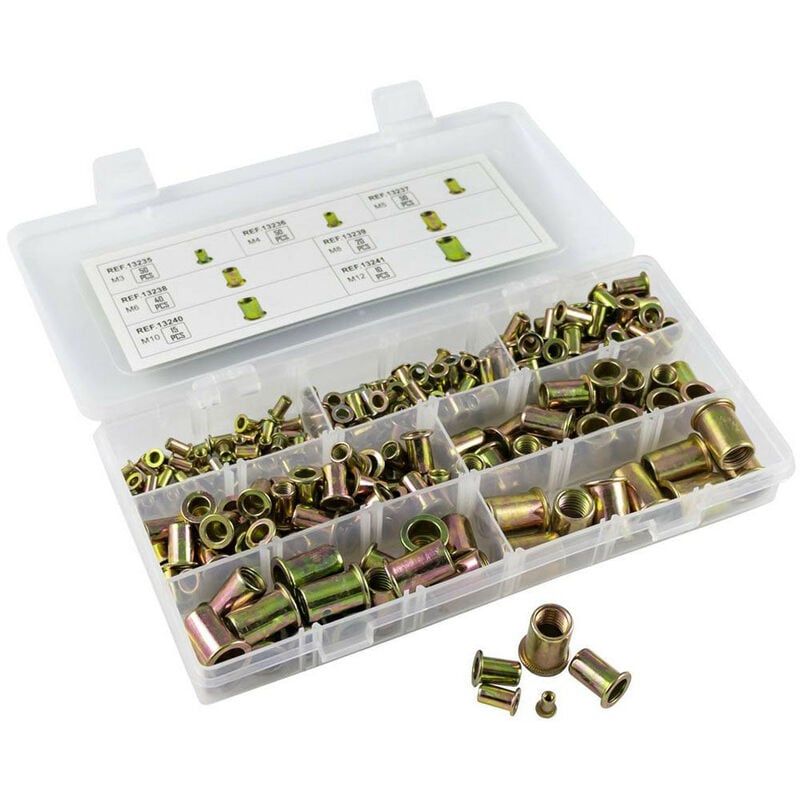 JBM - Assortiment de 235 inserts filetes ecrous rivets acier de 3 à 12 mm coffret