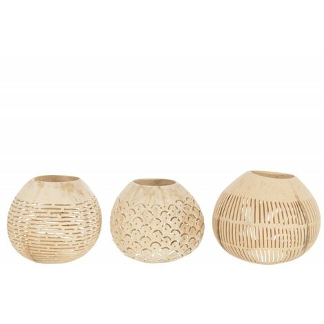Assortiment de 3 photophores beige en bois de noix de coco avec trous - Naturel