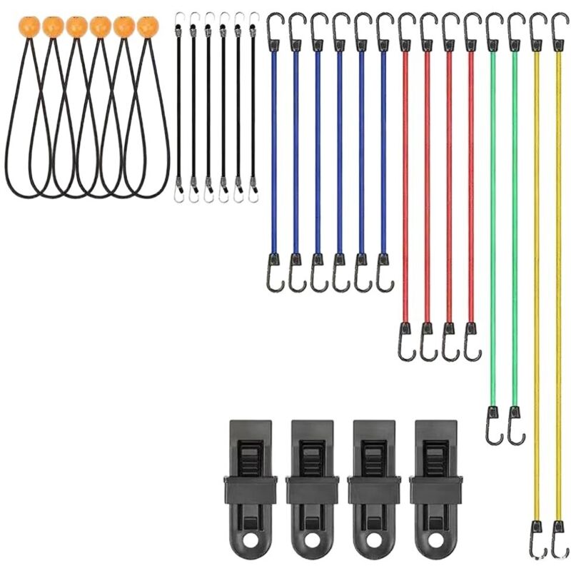 Assortiment de 30 Tendeurs Élastiques avec Crochets - 46-190cm - Sangles Élastiques Robustes - Sandow Polyvalent - Camping - Porte-Bagages - Bâches