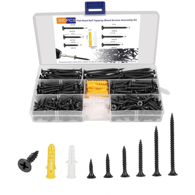 Assortiment de 300 vis à bois M3.5 noires à tête cruciforme auto-taraudeuses pour bois, longueur 20-50 mm, contient 30 chevilles M6