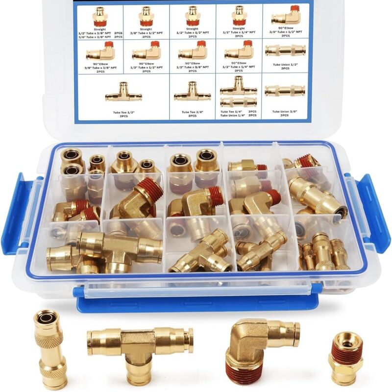 Assortiment de 32 raccords de conduite de frein à air DOT en laiton, 1/4', 3/8', 1/2', kits de raccords pneumatiques à pression, raccords à connexion
