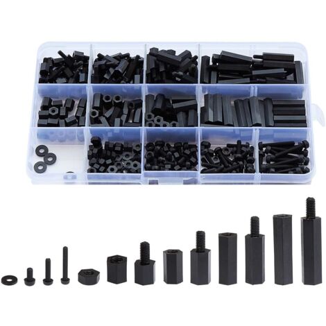 Assortiment de 320 écrous hexagonaux M2 mâles et femelles en nylon (noir)