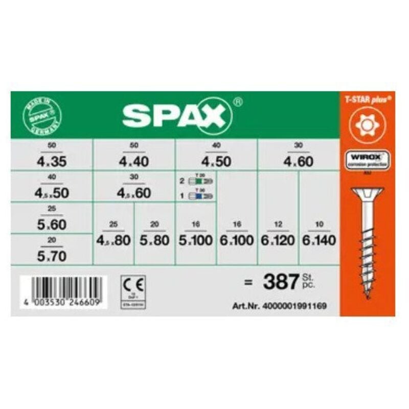 Assortiment de 364 Vis bois Tête fraisée tf t-star wirox + 3 Embout-10 pièces