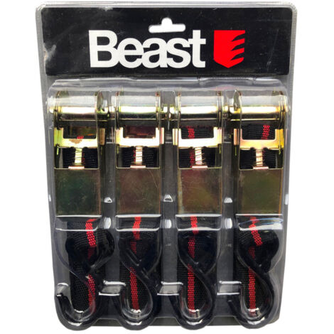 Assortiment de 4 Sangles d'Arrimage à Cliquet et Crochets 3 m x 25 mm 250 kg - Haute performance - Beast
