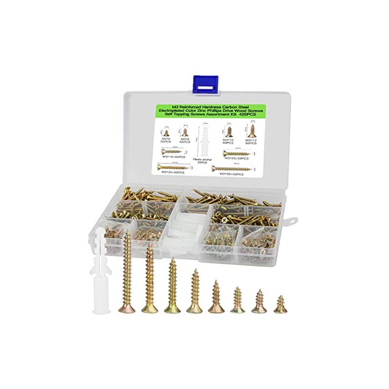 Assortiment de 420 vis en laiton M3 pour bois - Vis à tête fraisée galvanisée - Contient 20 chevilles à vis M6 - Pour bricolage et menuiserie.