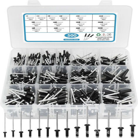 Assortiment de 500 rivets noirs Pop Rivets, 14 tailles de rivets en aluminium (3/32", 1/8", 5/32", 3/16"), ensemble de rivets aveugles pour métal avec séparateur renforcé et étui étiqueté