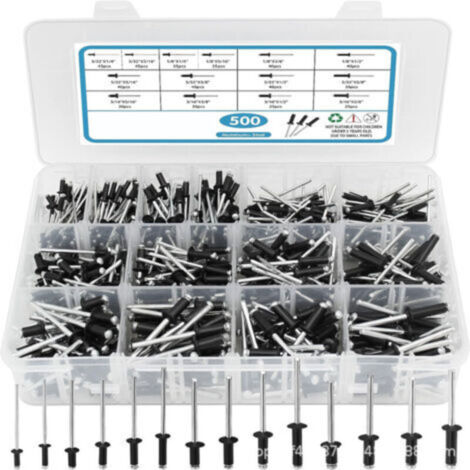 Assortiment de 500 rivets noirs Pop Rivets, 14 tailles de rivets en aluminium (3/32", 1/8", 5/32", 3/16"), ensemble de rivets aveugles pour métal avec séparateur renforcé et étui étiqueté