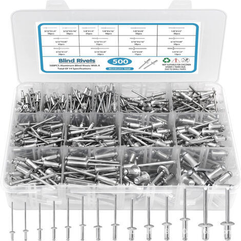 Assortiment de 500 rivets pop, 14 tailles de rivets aveugles en aluminium (3/32", 1/8", 5/32", 3/16", 1/4"), ensemble de rivets aveugles pour métal avec séparateur renforcé et étui étiqueté