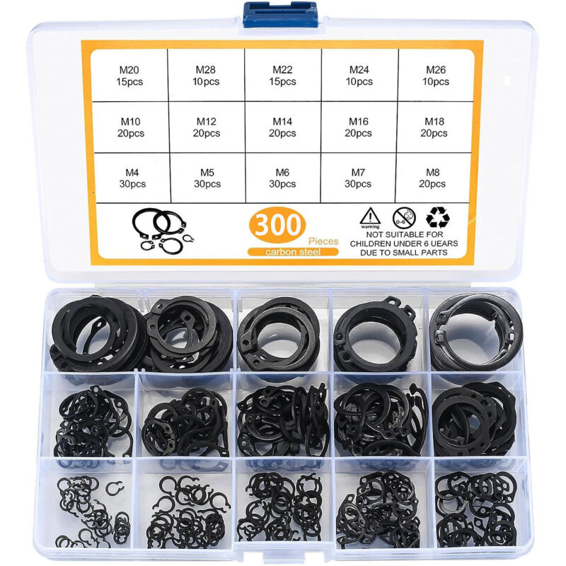 Assortiment de 510 circlips en métal, assortiment de 15 types de clips E (Φ4/5/6/7/8/9/10/12/14/16/18/20/22/24/26/28 mm) pour fixation intérieure et