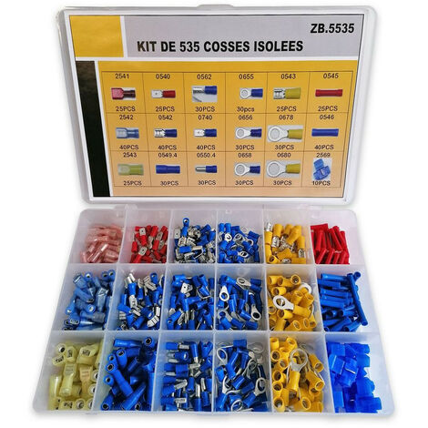 Assortiment de 535 cosses isolees a sertir bleues rouges et jaunes