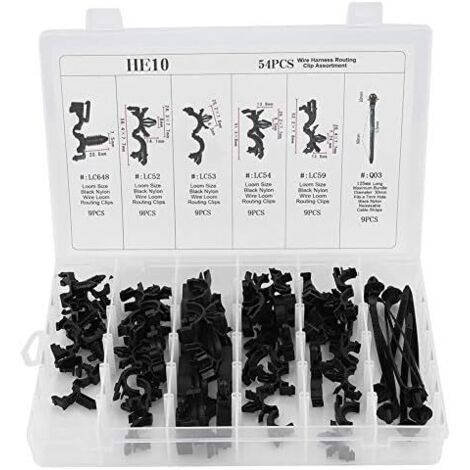 Assortiment de 54 attaches faisceau câbles pour carrosserie voiture, kit clips routage fils, ajustement universel divers véhicules, comprend 6 tailles -