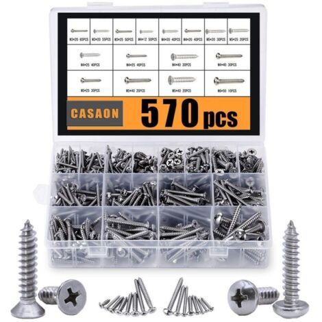 Assortiment de 570 vis autotaraudeuses, M3/M4/M5/M6, kit de vis à tôle en acier inoxydable 304, assortiment de vis à bois Phillips Drive 570 pièces (285 pièces à tête ronde et 2