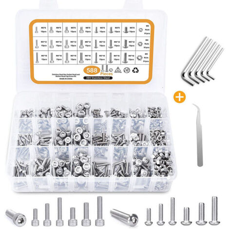 Assortiment de 588 vis M3 M4 M5 M6 - Vis métriques à tête bombée et à douille - Acier inoxydable 304 - Argenté,