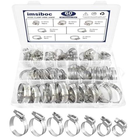 Assortiment de 60 colliers serrage en acier inoxydable réglables 6 à 38 mm pour plomberie, machine laver, mécanique, jardin et automobile - 1/4''- 1-1/2'' (6-38mm)