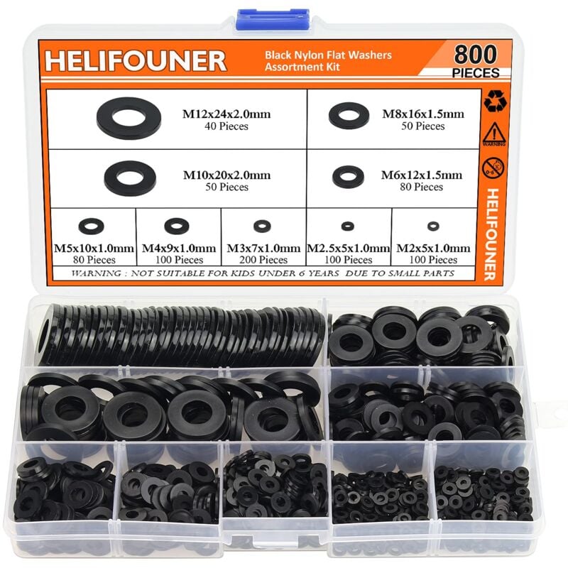 Assortiment de 800 rondelles plates en nylon noir - 9 tailles - M2 M2,5 M3 M4 M5 M6 M8 M10 M12