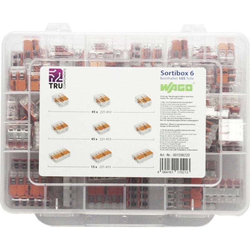 Assortiment de bornes pour boîte de dérivation Wago WA-741-644 flexible: 0.14-4 mm² rigide: 0.2-4 mm² 105 pc(s)
