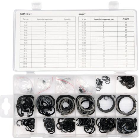 Assortiment de circlips, 300 pièces – circlips internes, circlips Ø3–32 mm, acier au manganèse, sous emballage