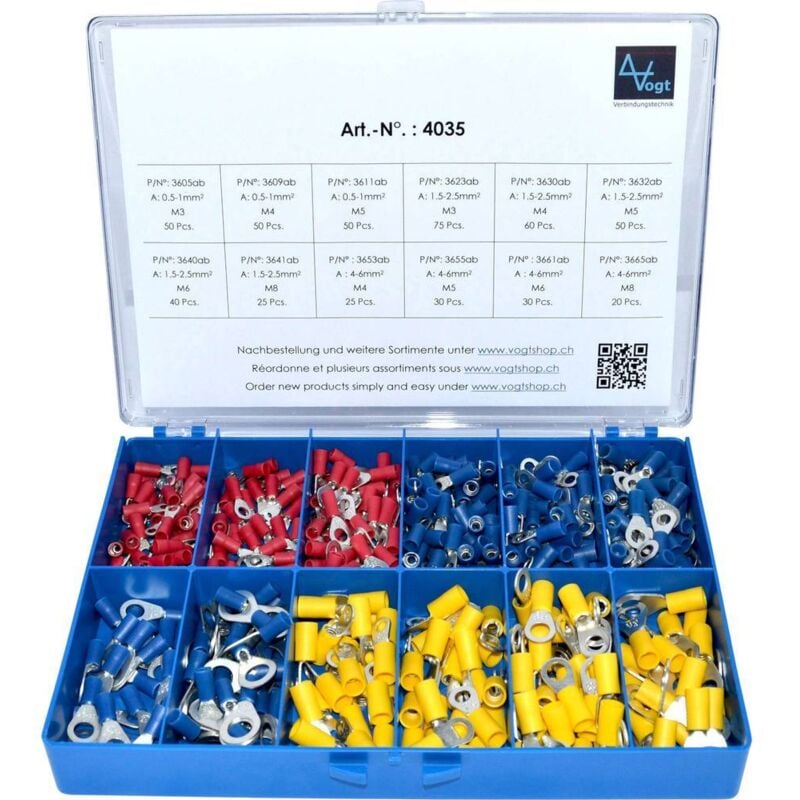4035 Assortiment de cosses à oeillet 0.50 mm² 6 mm² rouge, bleu, jaune 505 pc(s) - Vogt Verbindungstechnik