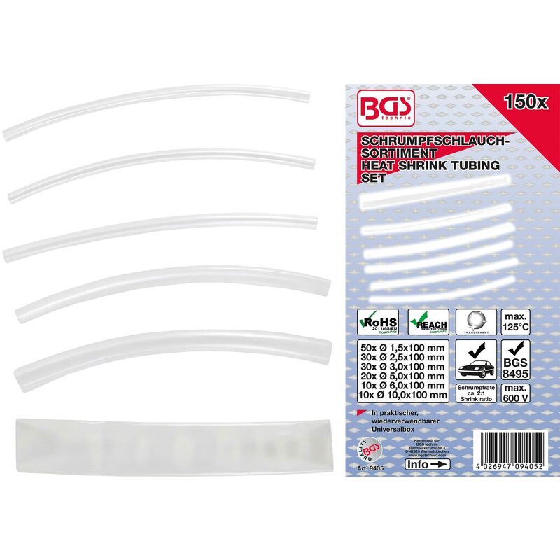 Assortiment de gaines rétractables transparentes 150 pièces bgs 9405