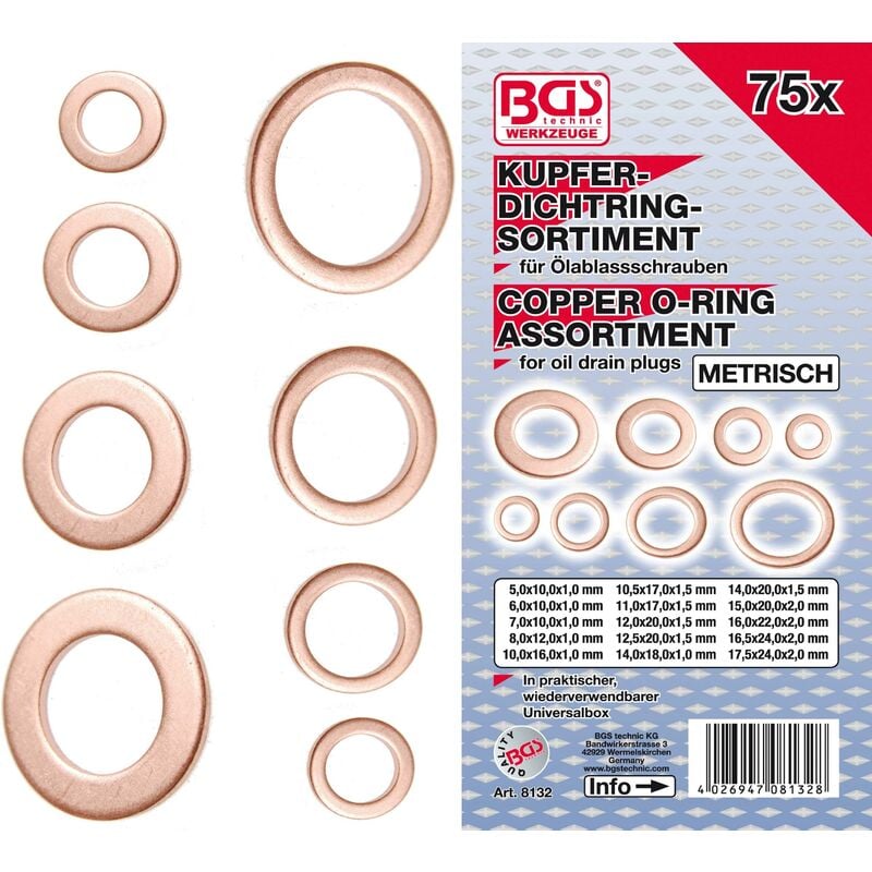 Assortiment de joints en cuivre métriques pour bouchons de vidange 75 pièces bgs 8132