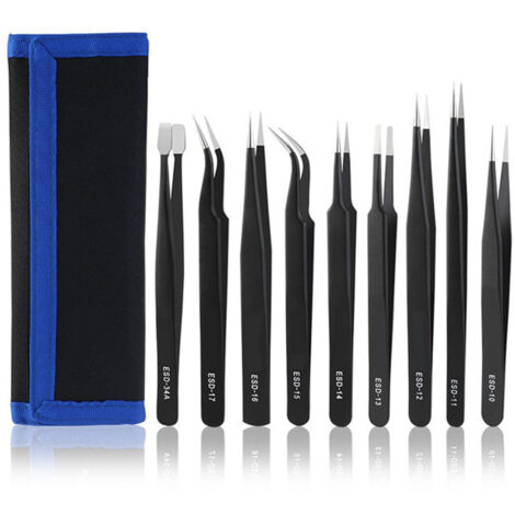 Assortiment de pincettes antistatiques, ensemble multifonctionnel en acier inoxydable pour la réparation électronique, 9 pièces