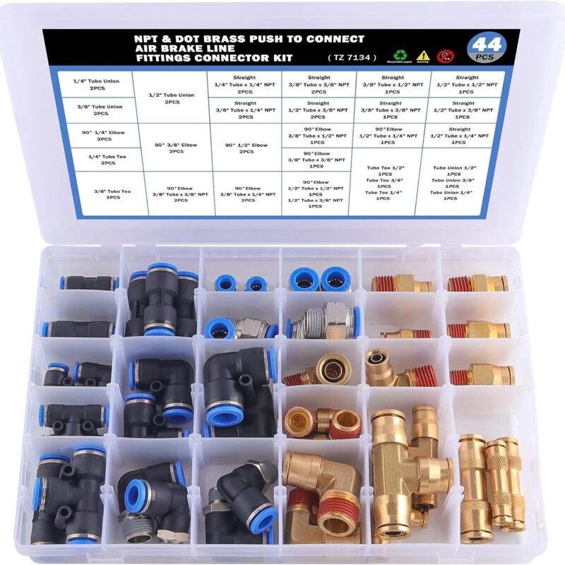 Kit de raccords de tuyaux d'air DOT – 44 pièces en laiton CA360 – Résistants à la corrosion – Pour systèmes pneumatiques