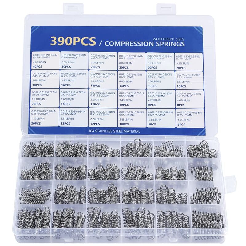 Assortiment de ressorts de compression, 390 pièces de 24 tailles différentes de ressorts en acier inoxydable, magasin d'assortiment de ressorts et