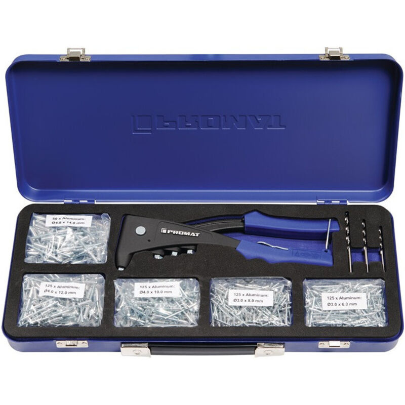Assortiment de rivets pop 604 pièces pince 4000813025 et rivet pop alu/acier dans mallette en tôle Promat