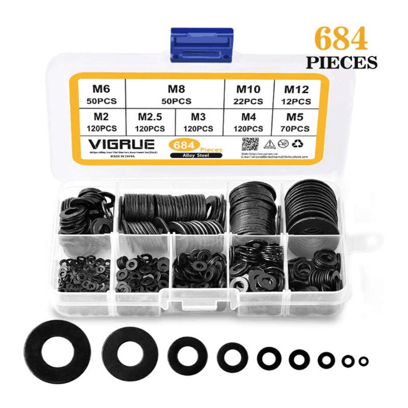 Assortiment de rondelles plates assorties - 684 pièces - 9 tailles M2 M2.5 M3 M4 M5 M6 M8 M10 M12 - Rondelles noires en alliage d'acier plaqué zinc,