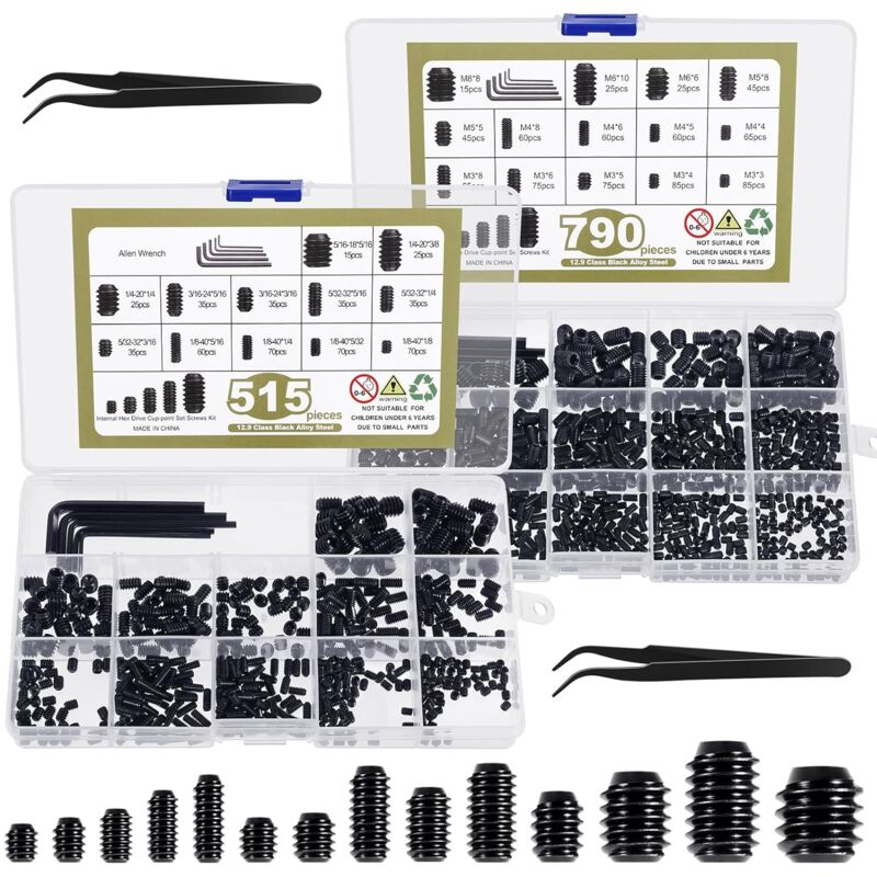Assortiment de vis à tête hexagonale métrique, 1317 pièces, 26 tailles, vis sans tête SAE zinguées noires, vis à pointe en acier allié 12.9 (M3-M8,