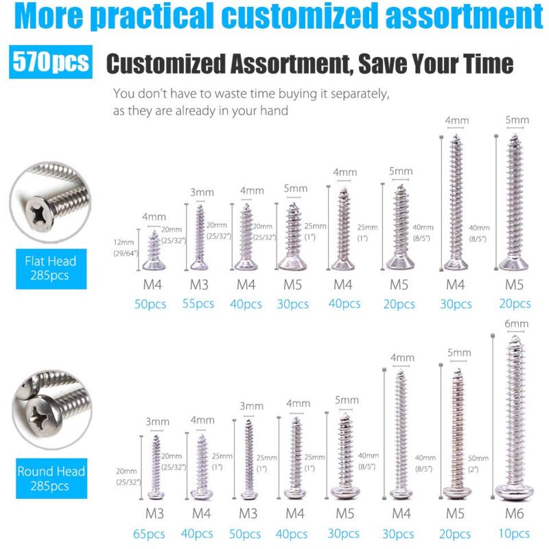 Assortiment de vis autotaraudeuses 570 pièces, jeu de vis à tôle en acier inoxydable 304 M3/M4/M5/M6, assortiment de vis à bois à entraînement