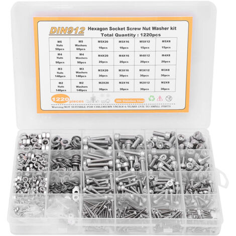 Assortiment de Vis, Écrous et Rondelles M2 M3 M4 M5 1220Pcs - Tête Ronde Hexagonale Creuse Acier Inoxydable DIN912 pour Réparations Électroniques et Mécaniques