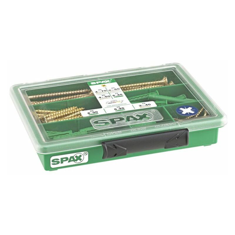 Spax - Assortiment petit, 130 unités, set de vis avec 4 dimensions + chevilles, 130 pièces, tête fraisée, empreinte cruciforme z, yellox
