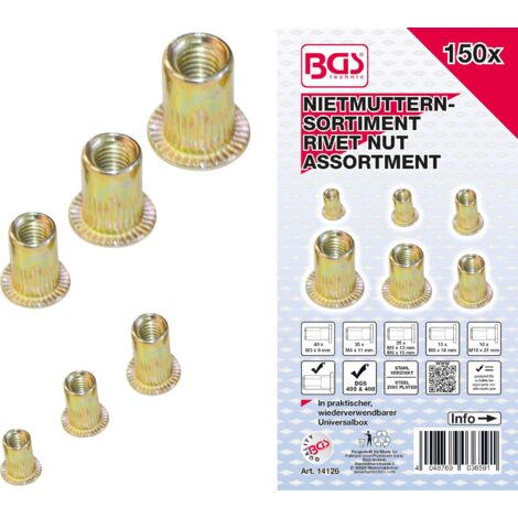 ASSORTIMENT D'ÉCROUS RIVETS  ACIER GALVANISÉ  150 PIÈCES BGS 14126