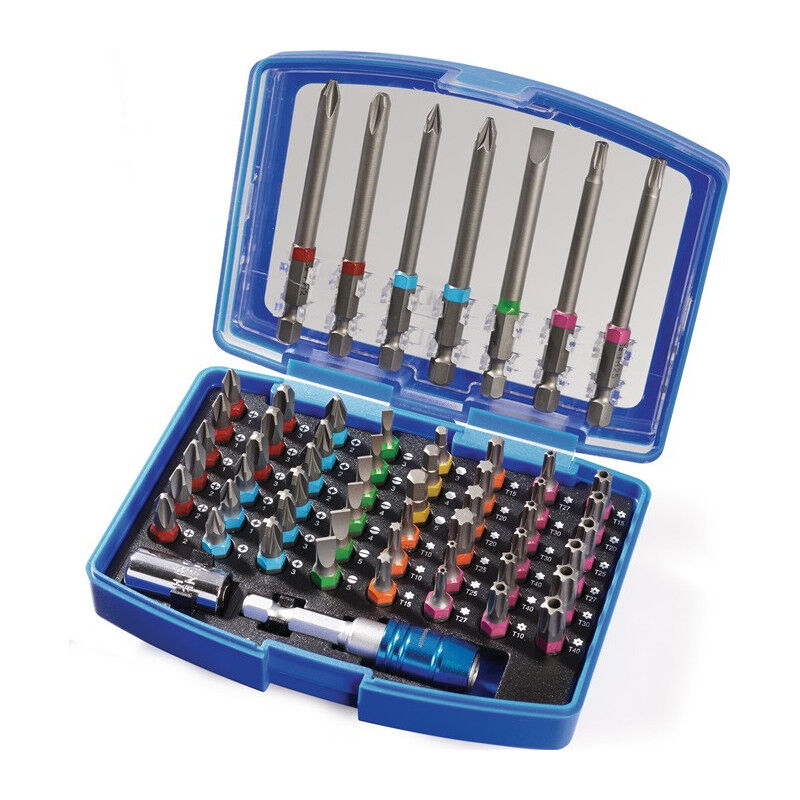 Promat - Assortiment d'embouts 56 pcs. plat/PH/PZD/TX/TX, alésage/6KT 57 pièces fente/PH/PZD/TX/TX-BO/6 pans en boîte plastique