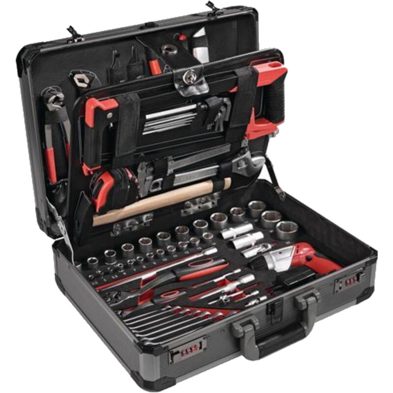 Assortiment d'outils 136 pièces dans un coffret cadre en aluminium, y compris visseuse sans fil - NOW