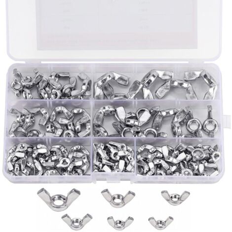 Assortiment Ecrou Papillon à Ailettes (100 Pièces) - Tailles M3, M4, M5, M6, M8 et M10 - Vis de Fixation en Acier Inoxydable 304 - Ecrous à Ailettes Argentés pour le Bricolage