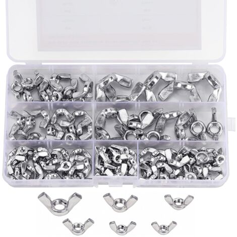 Assortiment Ecrou Papillon à Ailettes (100 Pièces) - Tailles M3, M4, M5, M6, M8 et M10 - Vis de Fixation en Acier Inoxydable 304 - Ecrous à Ailettes Argentés pour le Bricolage