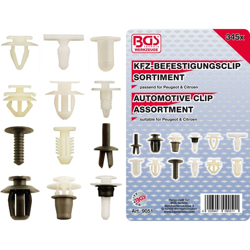 Bgs Technic - Assortimento clip di fissaggio per Peugeot, Citroen 345 pz.